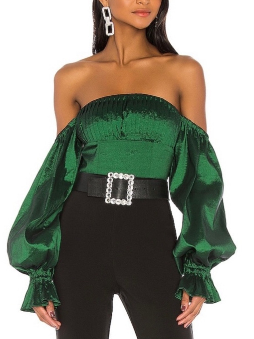 Lovers + Friends Off-Shoulder Satin Blouse in Emerald